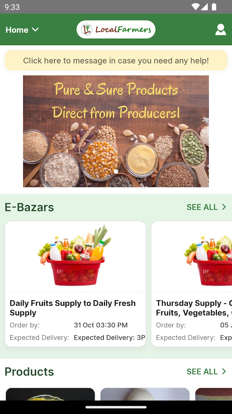 LocalFarmers app screens showing the farm-to-consumer marketplace