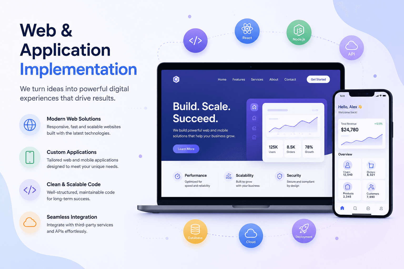 Web and application implementation — modern web solutions, custom apps, scalable code, and seamless integrations